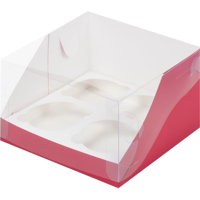 Короб картонный под  4 капкейка красный с пластиковой крышкой